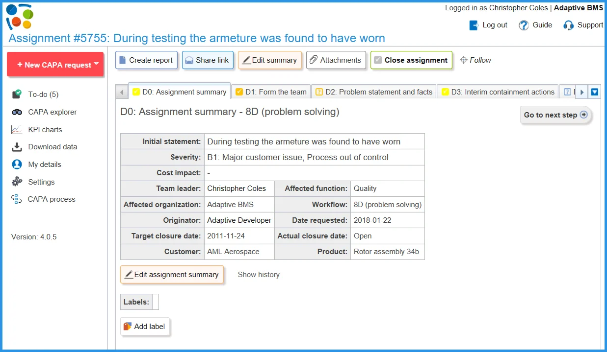CAPA Manager 8D RCCA software screenshot